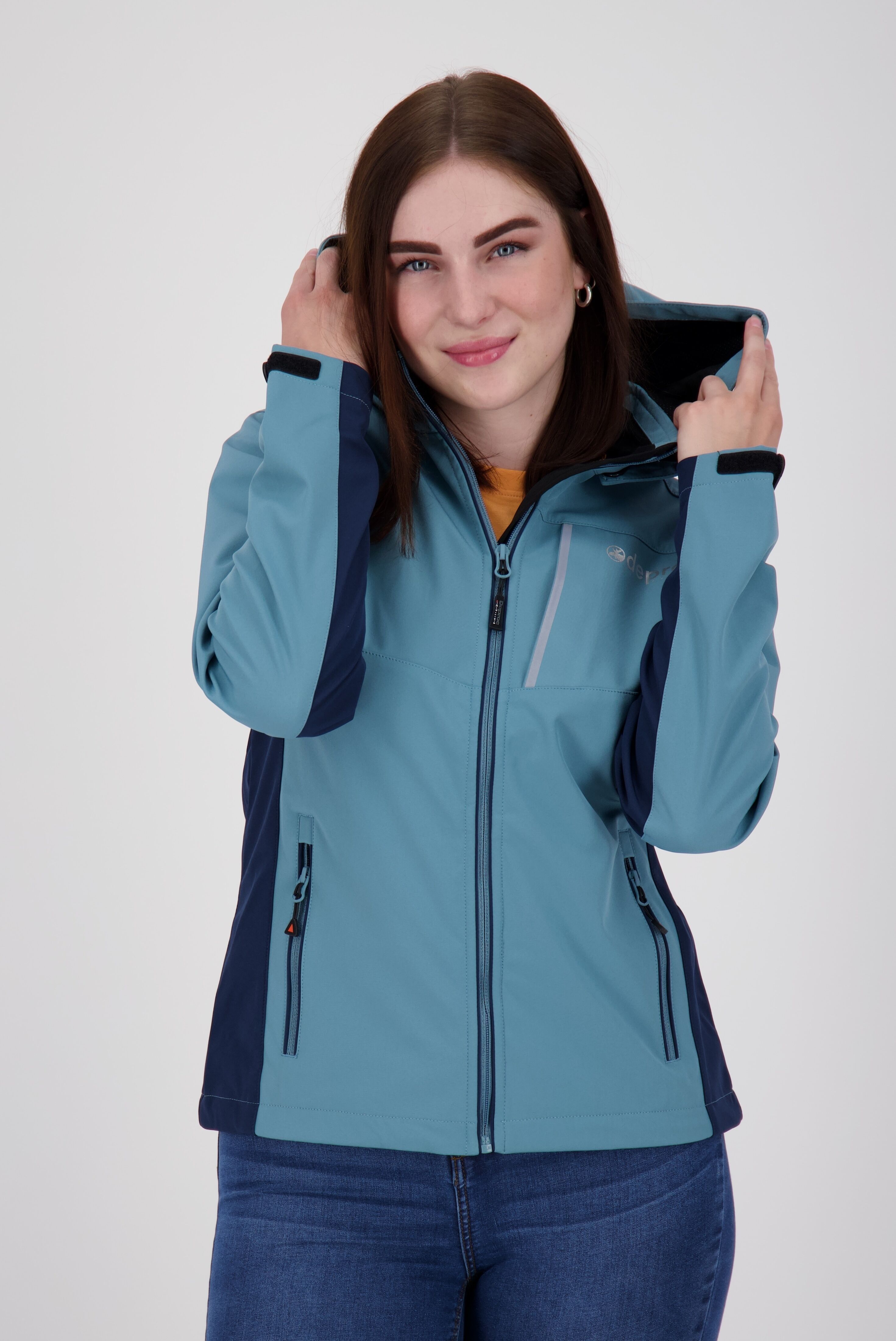 Softshelljacke DEPROC ACTIVE "NUNAVUT WOMEN", Damen, Gr. 48 (XL), blau (hellblau), Softshell, 96% Polyester, 4% Elasthan, regular fit hüftbedeckend, hoch geschlossener Ausschnitt, eingesetzt mit verstellbarem Klettverschluss, Jacken Softshelljacke, auch i