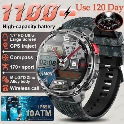 Inspired Finds T Rex3 Pro Military GPS Smartwatch 1100mAh Battery Compass Outdoor Rugged Watch blue Camouflage
