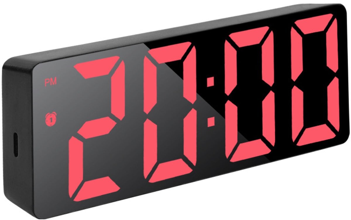 Digitale LED-spiegelwekker met rood licht en groot display - Zwart