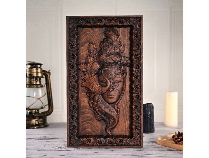 Masque de paon vintage en bois massif sculpté, artisanat européen, décoration pour la maison