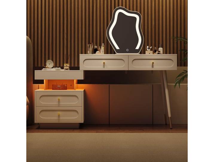 Coiffeuse - ZEVKOR - 140x40x130 cm - Miroir LED 3 niveaux - 4 tiroirs - Rangement ouvert