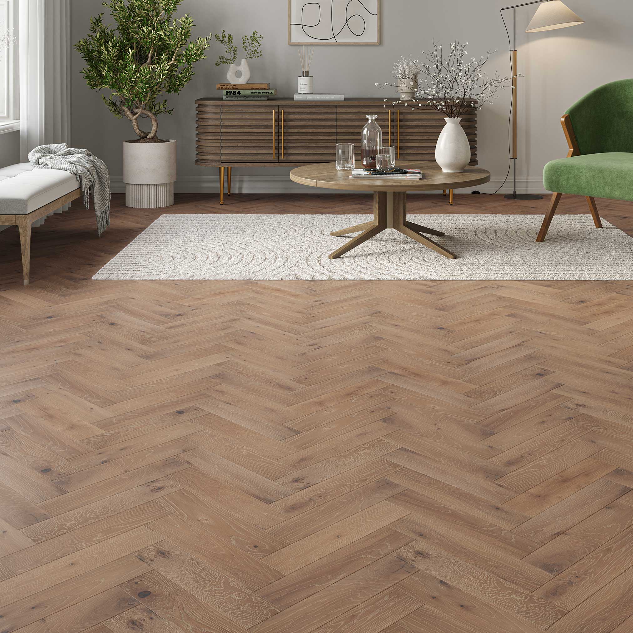 Luxury Flooring Herringbone Natural Engineered Oak Brushed & Lacquered Flooring - 20mm x 350mm x 80mm