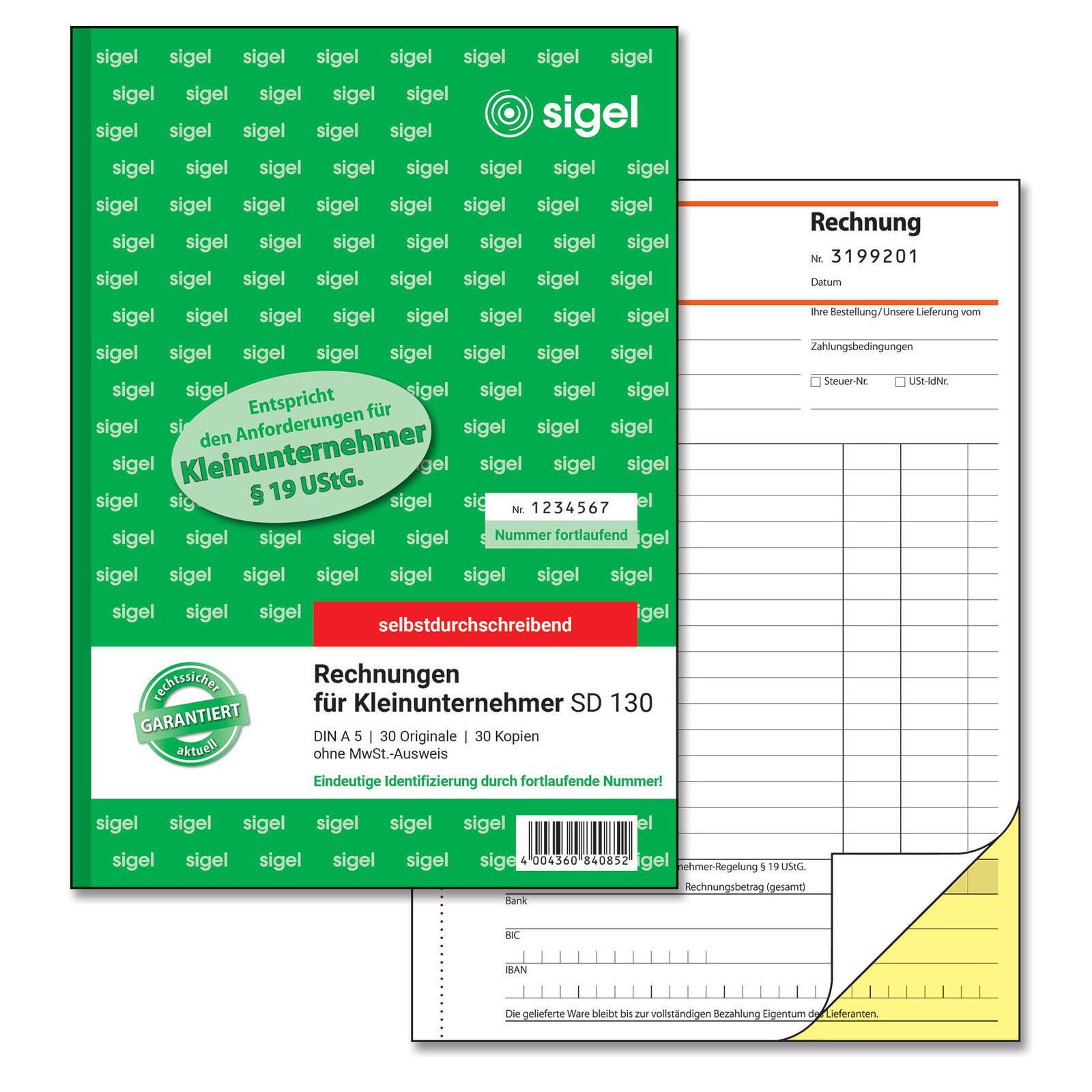 SIGEL Formularbuch Rechnung für Kleinunternehmer mit fortlaufenden Nummern (ohne MwSt.-Ausweis) DIN A5 2x 30 Seiten SD130