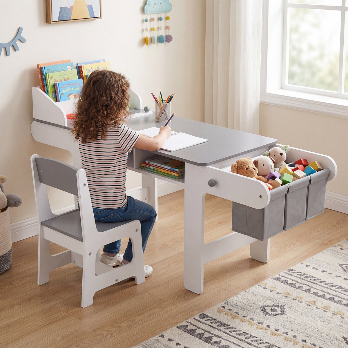 Costway kindertafel met stoel, papierrol en 4 verfbakjes, grijs