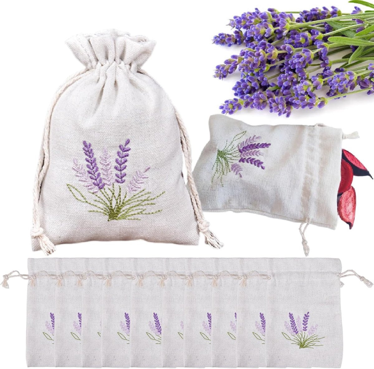 10 stuks katoenen geurzakjes met lavendel en trekkoord