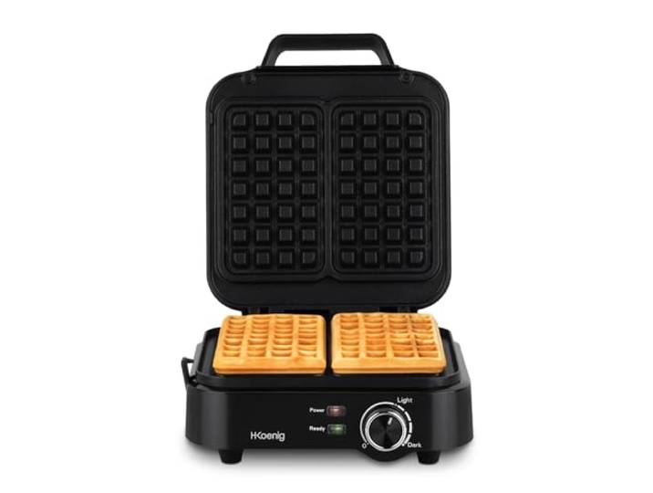 H.Koenig Kompakter Waffelmaker GFX420, 1200 W Leistung, antihaftbeschichtete Platten, einstellbare Temperatur, 3 Bräunungsstufen, Überlaufrinne, rutschfeste Standfüße, Farbe: Schwarz