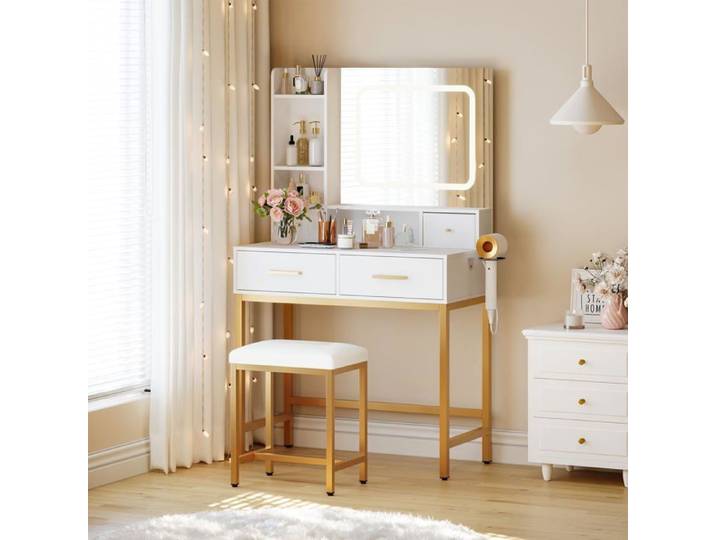Coiffeuse avec miroir LED - LUNSY - Miroir LED 3 couleurs réglables