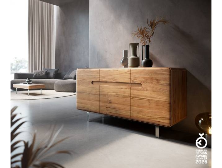 Sideboard Anaya 145 cm Akazie Natur 3 Türen L-Fuß Edelstahl, Sideboards