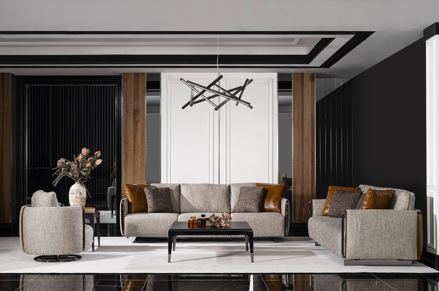 Wohnzimmer Set aus Holz und Textil in Grau und Braun modern