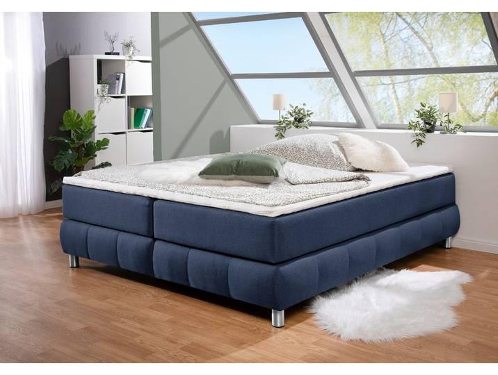Boxspringbett, 206x226 cm, Holzwerkstoff, Blau, Ohne Kopfteil & Topper, Skandi, andas