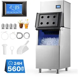 VEVOR Gewerbliche Eiswürfelmaschine 254 kg/Tag Eisproduktion Edelstahl, Eiswürfelbereiter, Touchscreen, Einstellbare Eisdicke, Selbstreinigung, 113 kg Fassender Behälter, 182 Stk. Eiswürfelformen