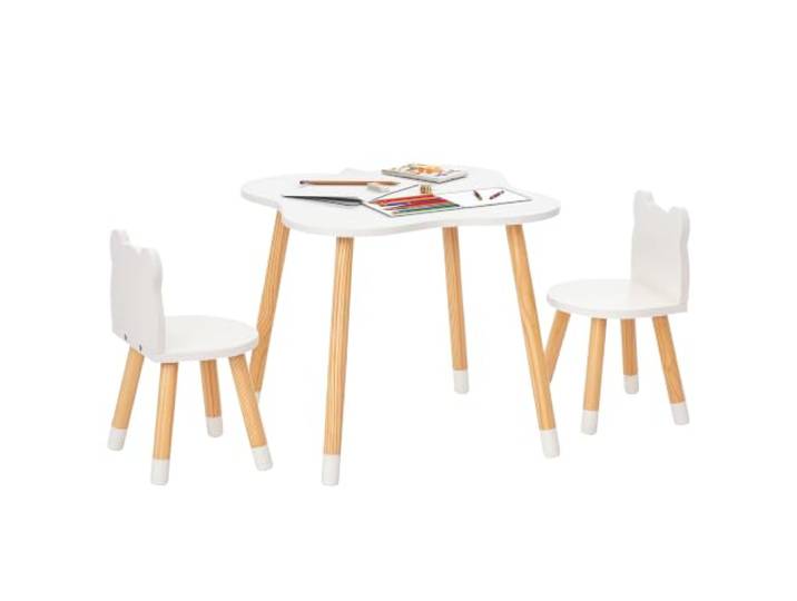 HOMCOM Ensemble Table et Chaises Enfant Design Scandinave Bois Pin Blanc Motif Ourson\, MDF