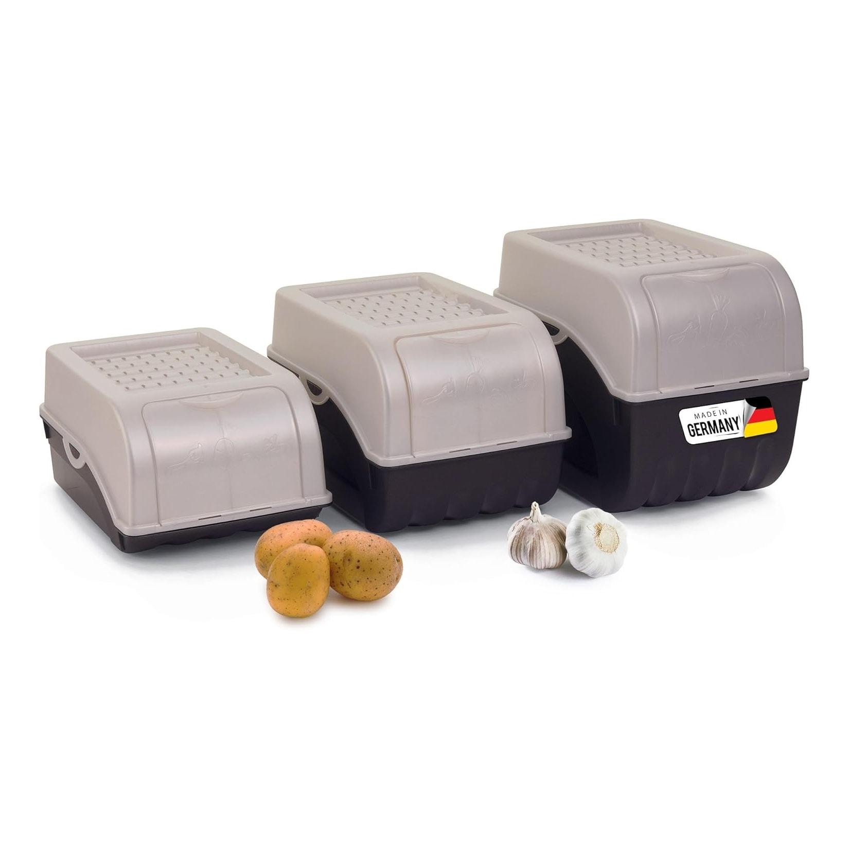 Kartoffel Aufbewahrungsboxen Set 3,5L + 5L + 9L PERLMUT Weiss Kartoffelboxen Gemüseboxen stapelbar Zwiebelboxen Kartoffelkörbe Obstbehälter Kartoffelkisten Frischhaltedosen