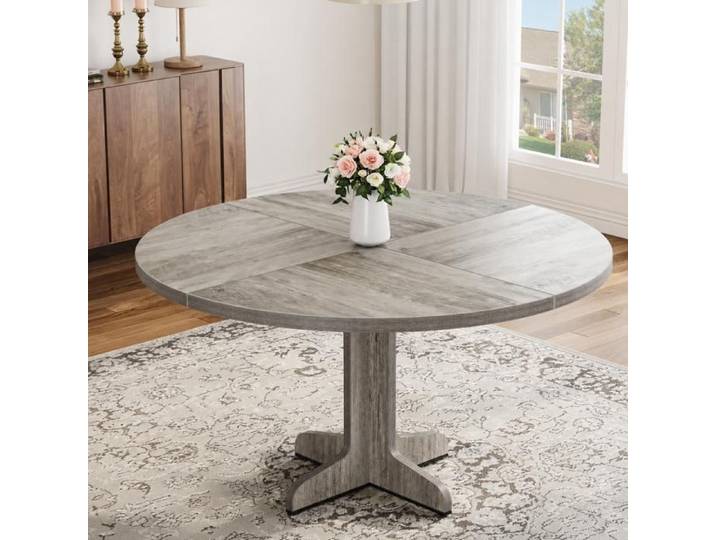 Table ronde salle à manger gris 47 pouces pour 4 personnes plateau bois base stable multi-usage salon maison (table seule)