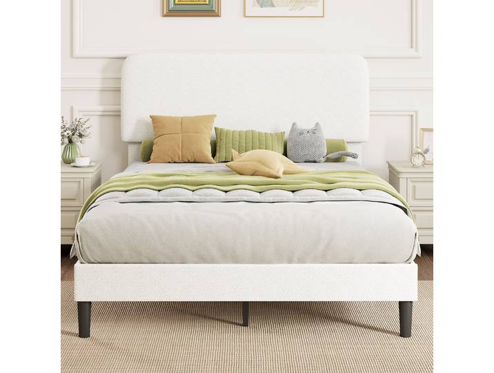 HOMCOM Cadre de Lit Simple Métal Blanc Tête Rembourrée