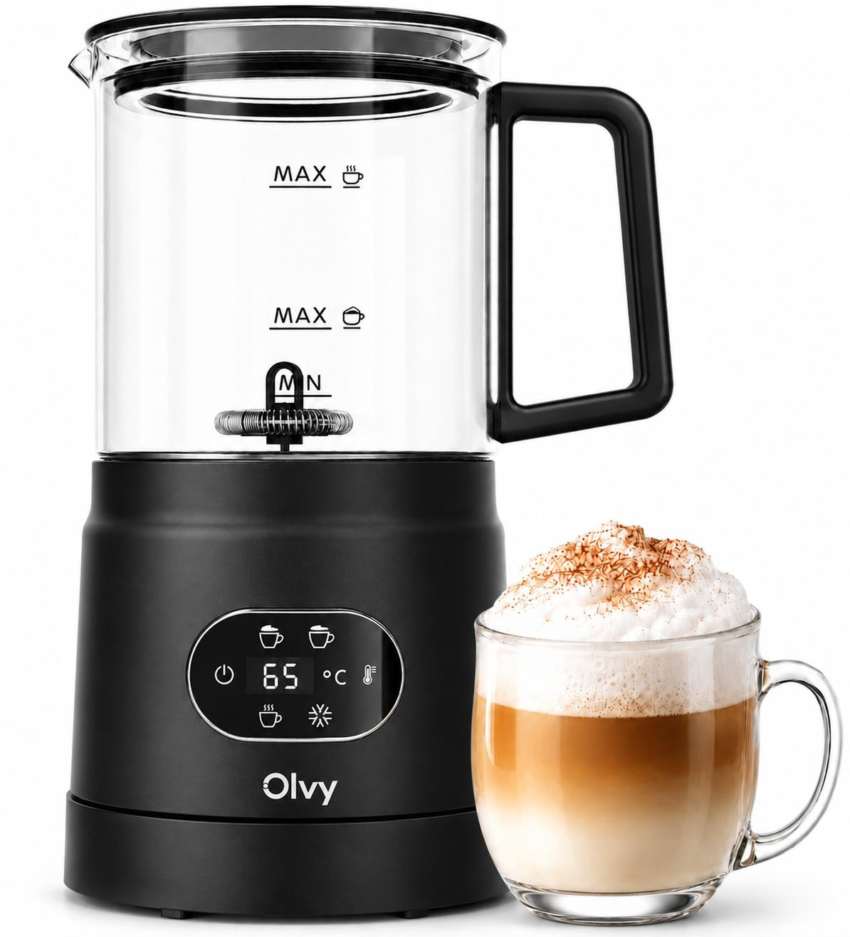 Olvy Elektrische melkschuimer van glas, 4-in-1, 500W, met temperatuurindicator, zwart