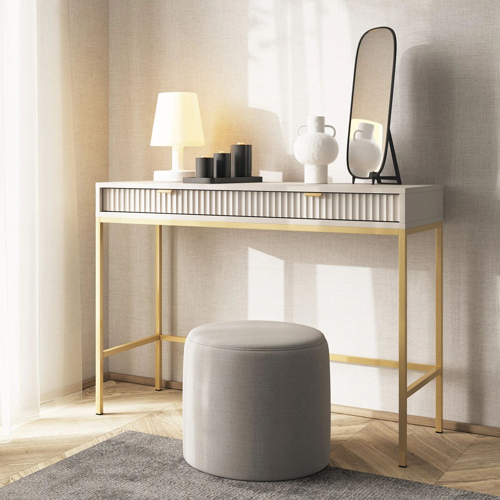 garneroarredamenti Scrivania consolle ingresso 104x77cm cannettata 2 cassetti beige cashmere oro Alisa