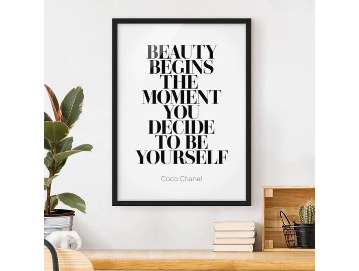 Tableau déco Be Yourself, Coco Chanel Papier Cadre : placage en bois véritable Pin Blanc/Noir 50 x 70cm