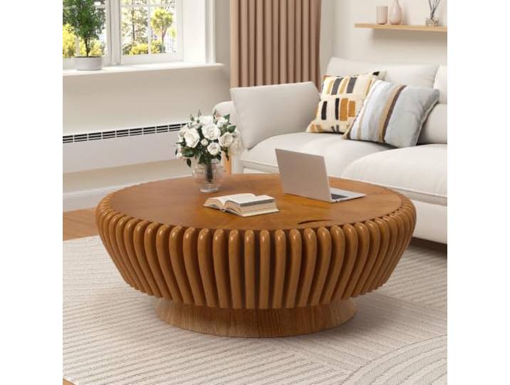 LOVEHOUGES Runder Couchtisch aus Holz in Trommelform Massives Holzfurnier, stabiler Sockel, einzigartiger, handgefertigter Teetisch aus Holz, einfache Montage