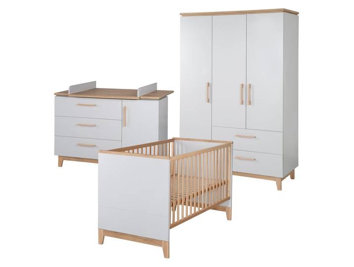 Kinderzimmerset 'Caro', inkl. Kombi-Bett 70 x 140 cm, Wickelkommode & 3-türigem Schrank, Lichtgrau/Goldeiche