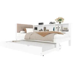 MODFU Daybett 90x200 mit Ausziehbett, LED-Beleuchtung, Regal, USB-Anschluss und Kiefernholz, Weiß – Multifunktional und platzsparend