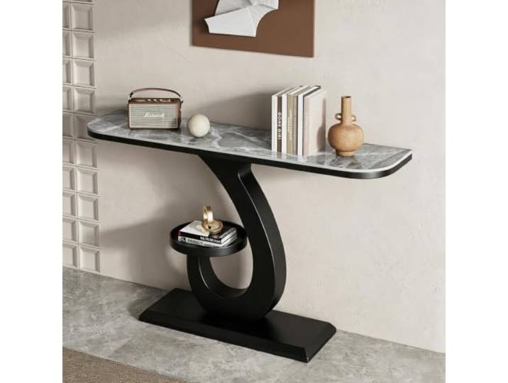 LEUBDIBR Creme‑farbene Sinterstein‑Konsolentisch, Halbmond‑Eingangstisch Sintersteinplatte, Halbmond‑Design, robuster Metallrahmen, moderner Stil(Black+Gray,120cm/47.2 )