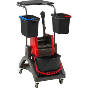 VERMOP Reinigungswagen Mistral Kompakt, Einfachfahrwagen, mit Presse, Müllsackhalter & 3 Eimern 2x 6 & 1x 17 Liter