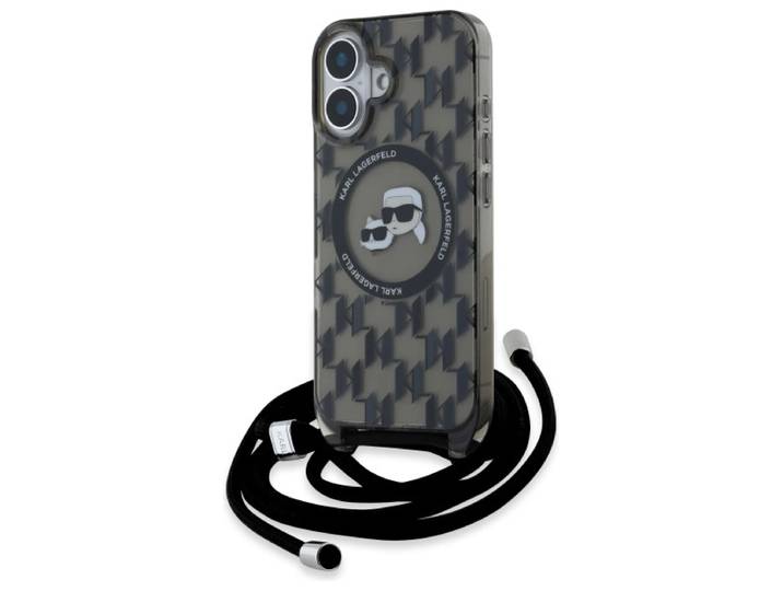 Coque Rigide Noire Karl Lagerfeld Klhmp16shckcklck Pour Iphone 16 6.1\, Bandoulière Iml Monogramme Karl Et Choupette\, Magsafe