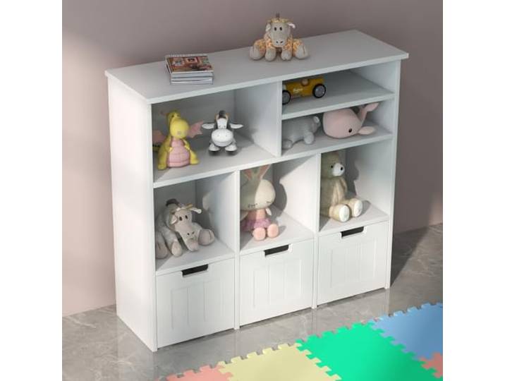 GarveeLife Kinder Bücherregal & Spielzeugregal Mit Verdeckten Rollen – 6 Fächer, 3 Herausnehmbare Schubladen, Spielzeugaufbewahrung Fürs Kinderzimmer/Spielzimmer/Babyzimmer