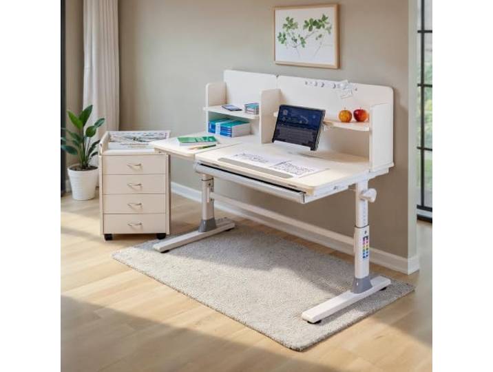 Inter Link - Kinderschreibtisch – Mitwachsender Jugendschreibtisch - Ergonomischer Schülerschreibtisch - Höhenverstellbar & neigbar – mit Schublade, Buchstütze & Ablagen – Weiß – Sören