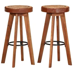 Décoshop26 - Set aus 2 Barhockern Hochstühlen aus echtem Leder und Akazienholz Retro-Design DEC029568 DEC029568