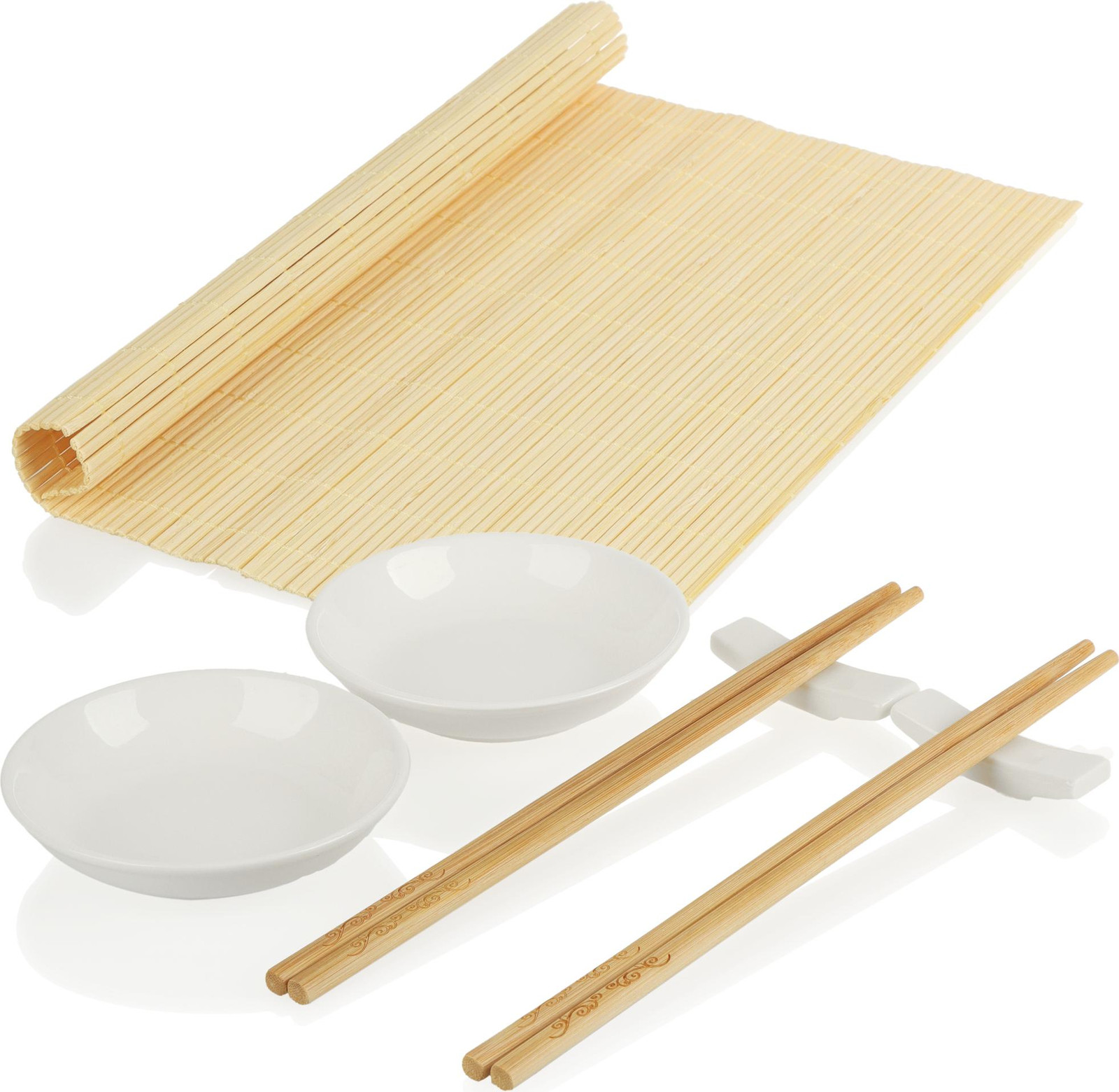 COM-Four Sushi-set met 7 delen: inclusief stokjes, schaaltjes, rolmat en stokjeshouder