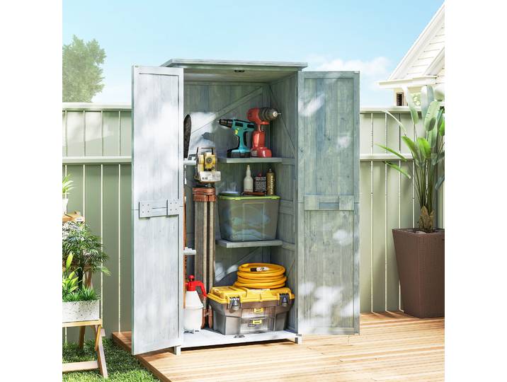 Outsunny Armoire de Jardin Bois Gris 2 Portes 2 Étagères 10 Crochets