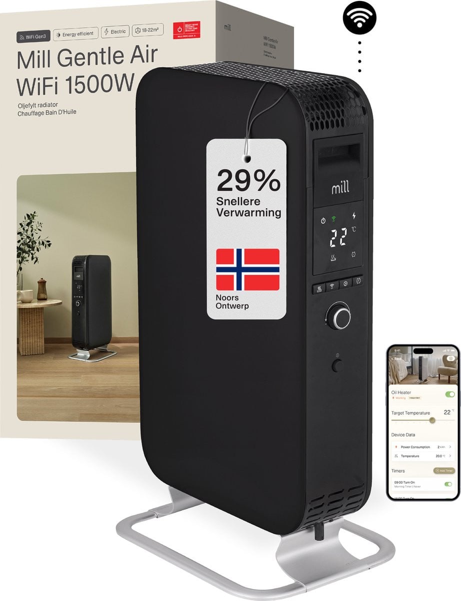 Mill OIL1500WIFI3 Black WiFi-geïntegreerde design olieradiator - 1500 Watt - Zwart