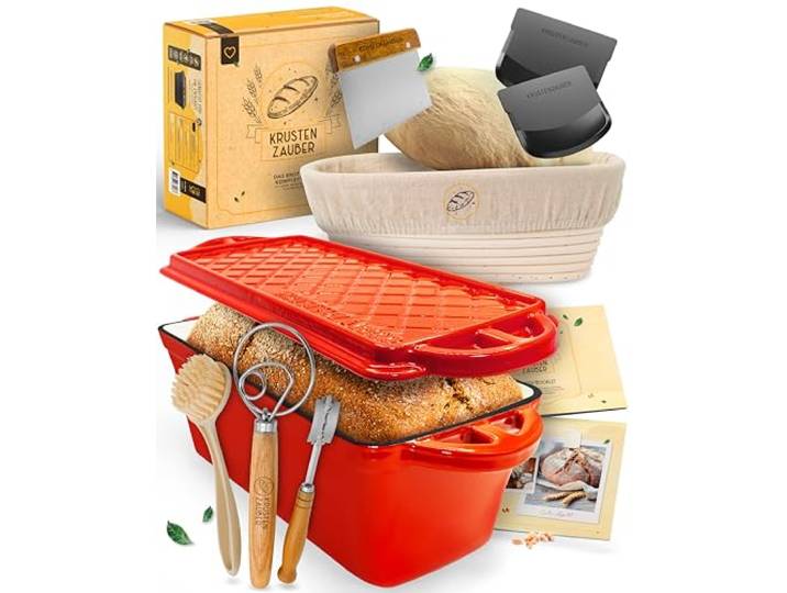 KRUSTENZAUBER Brotbackform mit Deckel im XXL-Set für selbstgebackenes Brot Großes Brotbackset als Geschenk mit Gärkorb, Brotbackzubehör & Anleitung für den sicheren Einstieg und das erste eigene Brot