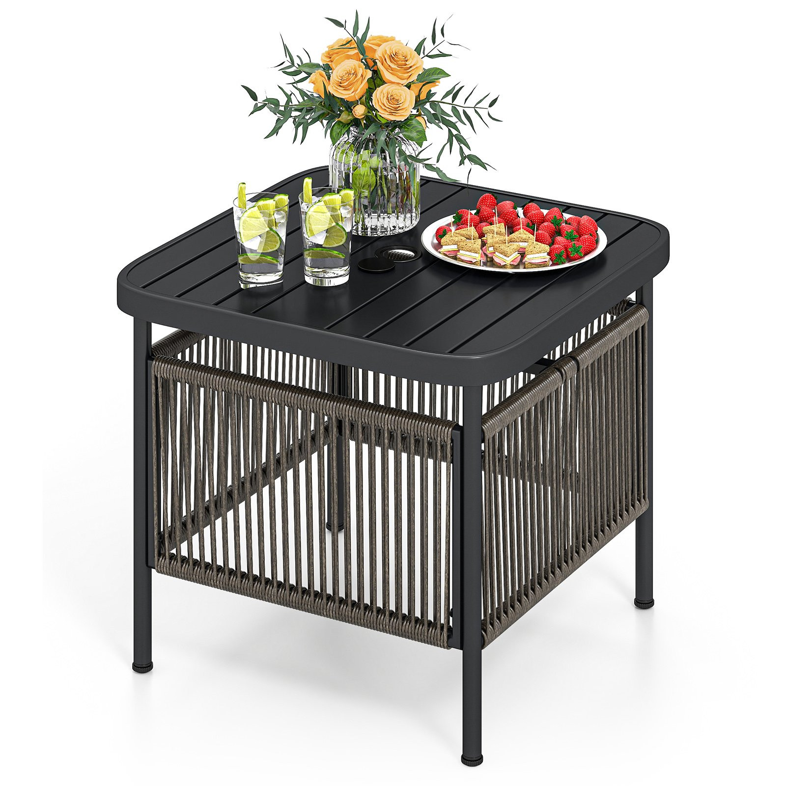 Costway Bijzettafel Outdoor Rattan met Parasolgat, B/D/H: 56 x 56 x 49 cm