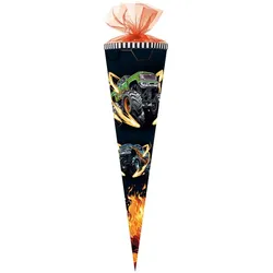 Nestler Schultüte, 70cm, rund, Motiv: "Monstertruck on Fire", Tüllverschluss, special: LED