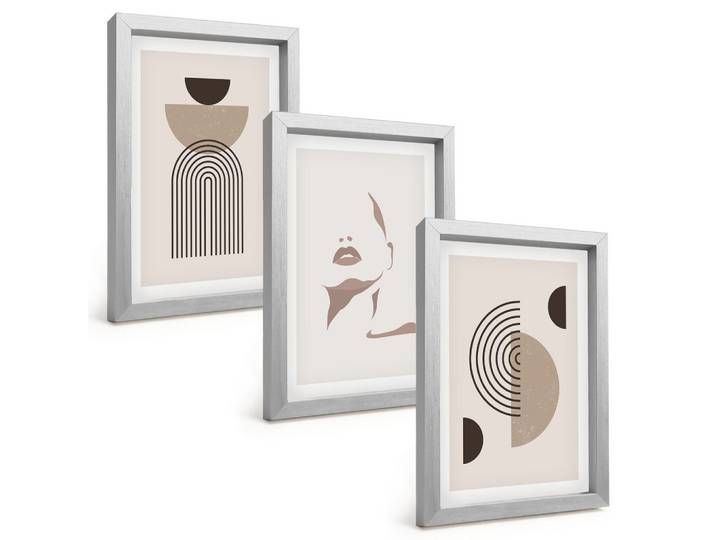 BILDER SET 3er Set - 20x30 cm Silberner Rahmen - Abstrakte Formen und Gesicht