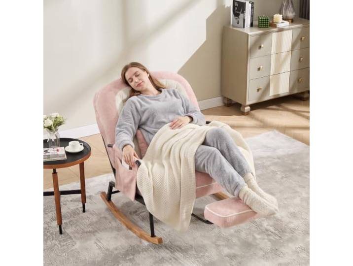 Miawtro XXL Teddy Schaukelstuhl mit Fußhocker Rosa Miawtro XXL Schaukelstuhl mit Fußhocker, Teddy-Stoff, verstellbarer Rückenlehne und Seitentasche für Wohnzimmer
