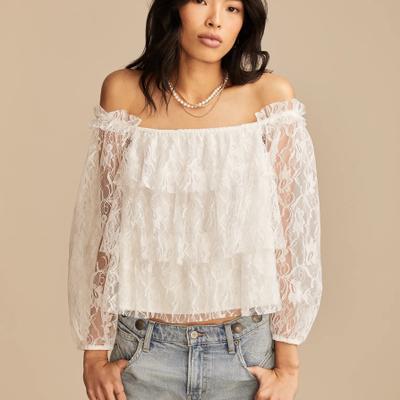 Lucky Brand Lace Off The Shoulder Top - Women's Clothing Tops Tees Shirts in Whisper White, Size L