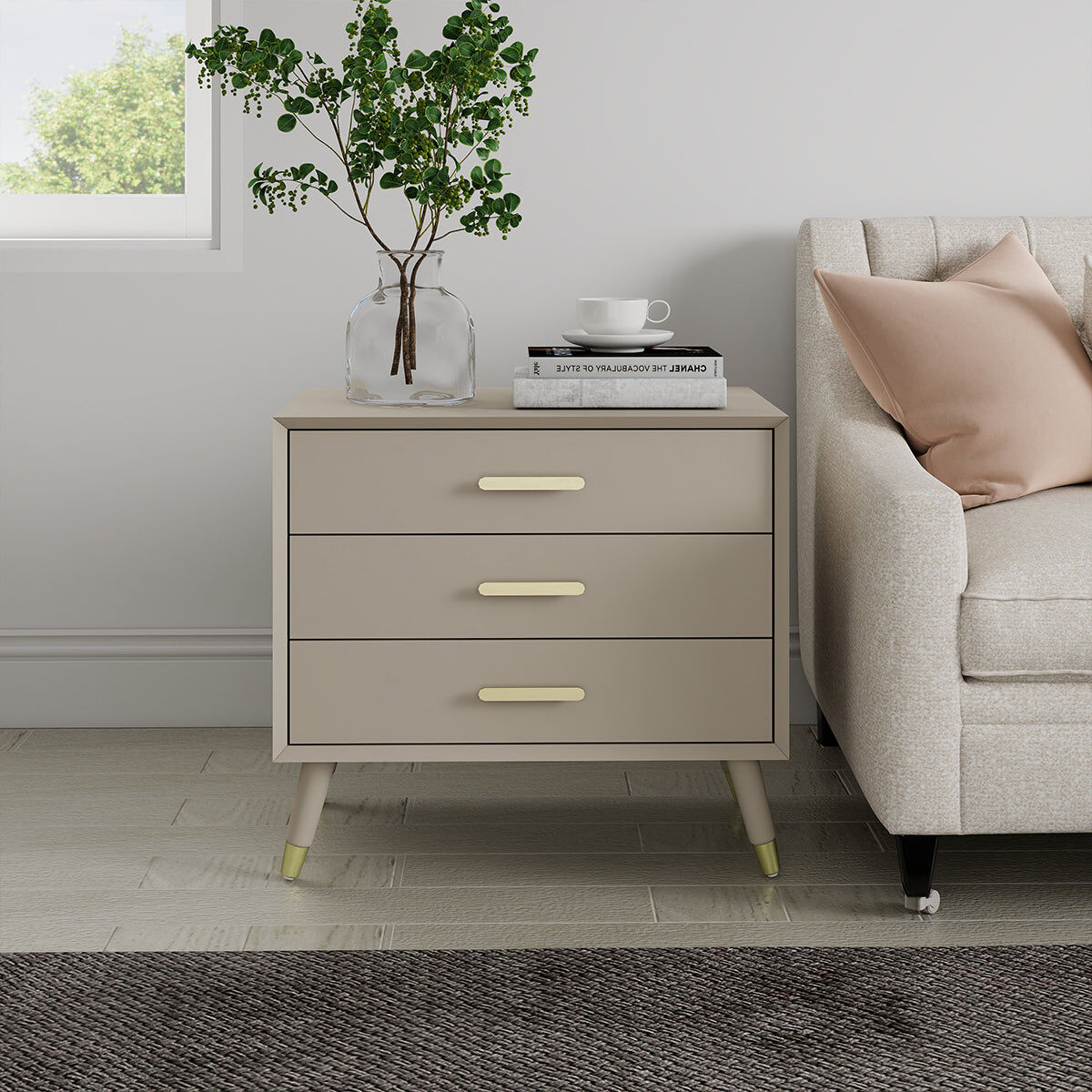 Large 3 Drawer Bedside Table - Oslo Taupe Range Manufactured Wood, Metal