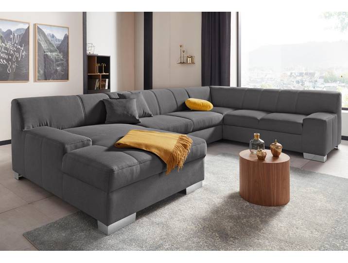 Wohnlandschaft DOMO COLLECTION Bero, elegant und zeitlos, flache Armlehnen, Breite 328cm, U-Form , schwarz (pepper), B:328cm H:74cm T:212cm, Feinstruktur (100% Polyester);Luxus-Microfaser (100% Polyester);Zierkissen: Im jeweiligen Bezugsstoff;Struktur fein (100% Polyester), Sofas, Wohnlandschaft, fester Sitzkomfort, wahlweise mit Bettfunktion