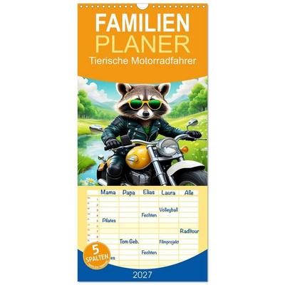 Familienplaner 2027 - Tierische Motorradfahrer mit 5 Spalten (Wandkalender, 21 x 45 cm) CALVENDO
