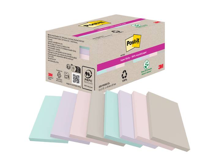 Post-it Notes Super Sticky Recyclées 76 x 127 mm 3M - Boite de 8 blocs rectangulaires de 70 feuilles - Asorties