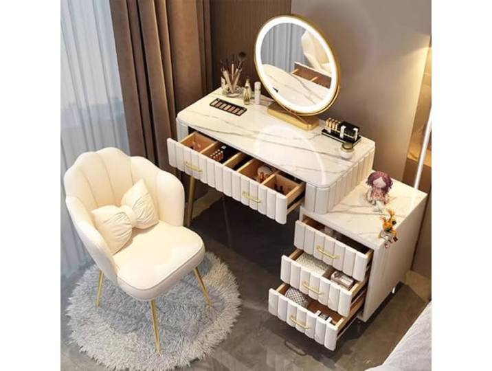MiaJJooLi Schminktisch Granitplatte mit Spiegel/Samtstoff Stuhl, Frisiertisch Kosmetiktisch mit 5 Schubladen Massivholz,Schlafzimmer Frisierkommode für Mädchen