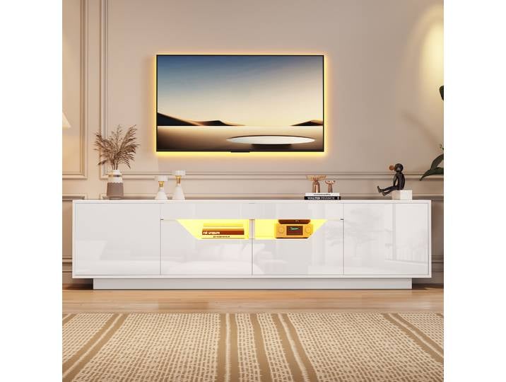 KOMHTOM Meuble TV avec 2 tiroirs, 2 armoires et lumières LED, meuble TV haute brillance pour TV 75 pouces