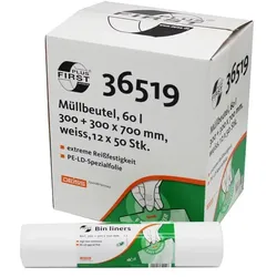 Emil Deiss 36519 Müllbeutel weiß 60 L 12 x 50 Stück/Rolle PE-LD Spezialfolie, 300x700 mm