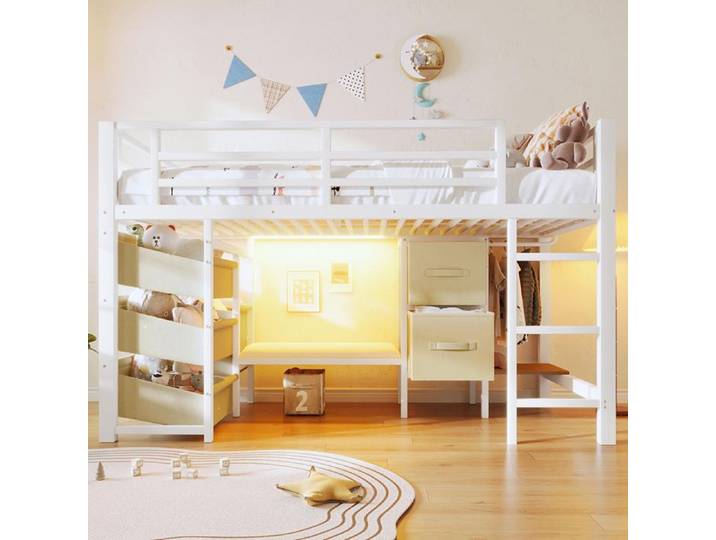 Lit mi-haut - 90x200 - Métal blanc - LED multicolore - Tiroir & poche de rangement