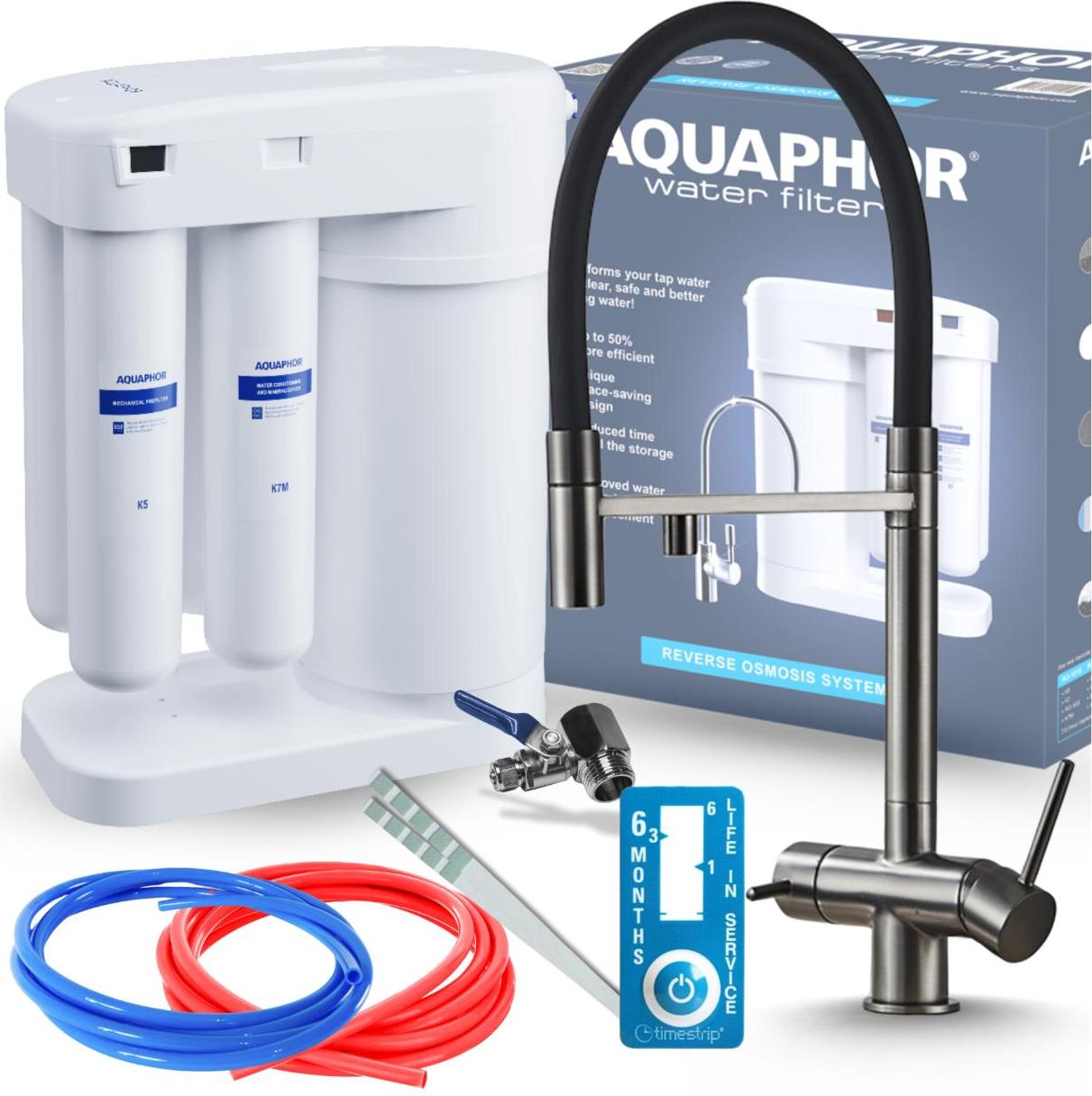 Wasserfilter Set Morion mit 3-Wege Küchenarmatur Ari HighFlex Grafit, ausziehbare Brause, 360° schwenkbar