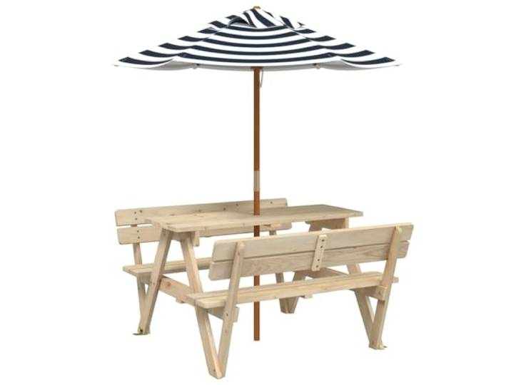 Roanoer Picknicktisch mit Sonnenschirm 4 Sitzer Massivholz Tanne Stabile W-Form Sitzgarnitur für Terrasse und Garten mit 200 kg Belastbarkeit sowie UV-Schirm.